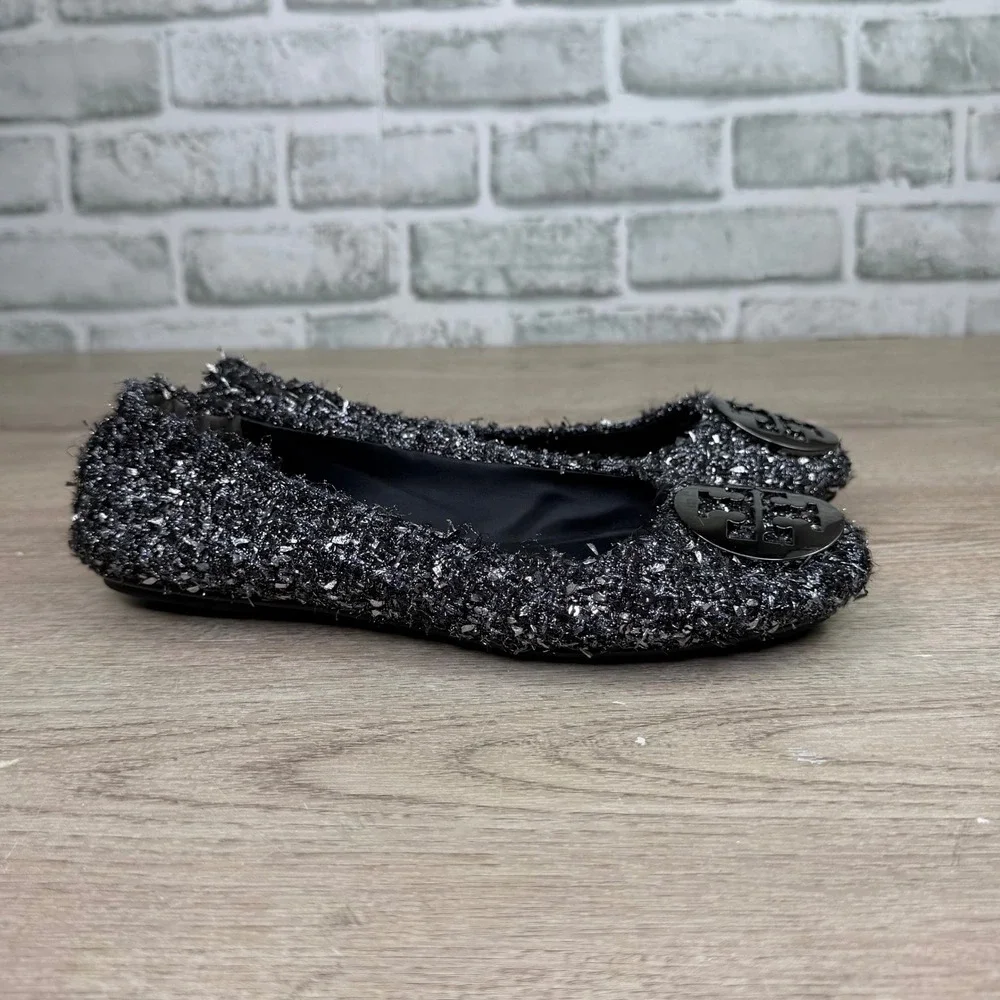 Tory Burch Minnie Travel Ballet Flats Black Silver Metallic Tweed 6M